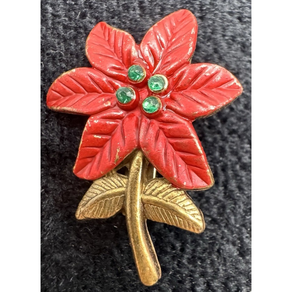 Vintage Poinsettia Brooch Red Enamel Green Rhinestone Gold Tone Christmas Pin Pe